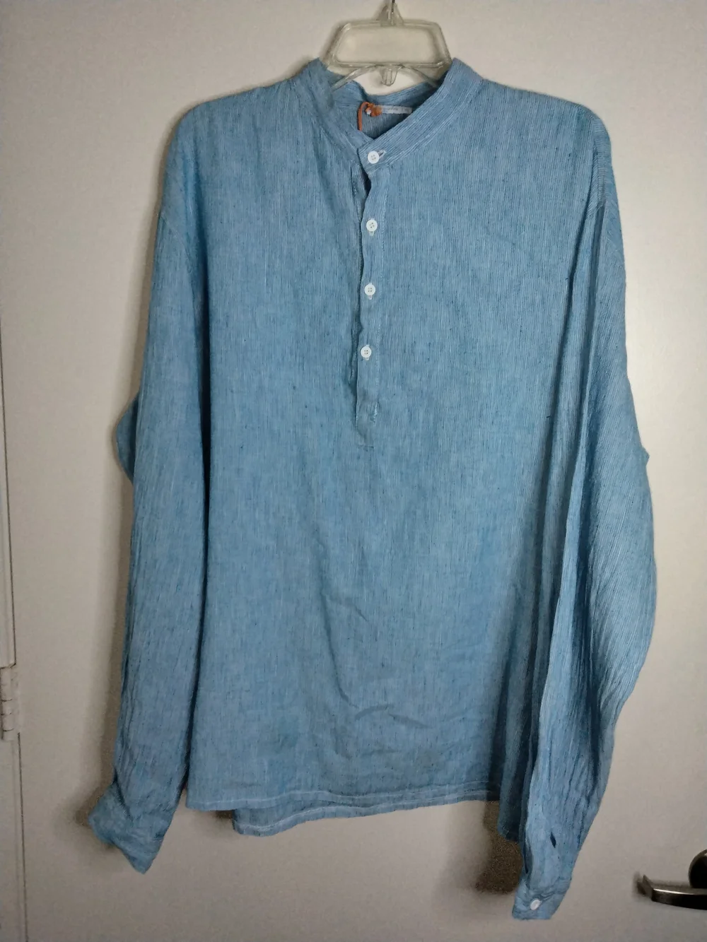 Moraitis Linen (Size XL) Men's Light Blue Linen Button Henley LS Popover Shirt